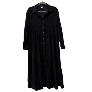 Vintage Dennis Goldsmith Corduroy Maxi Dress Women 8 Black Smocked Button Front
